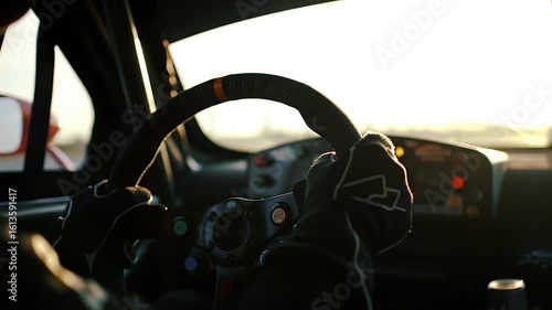 Close Up View of Race Car Steering Wheel Held by Driver in Black Gloves at High Speed