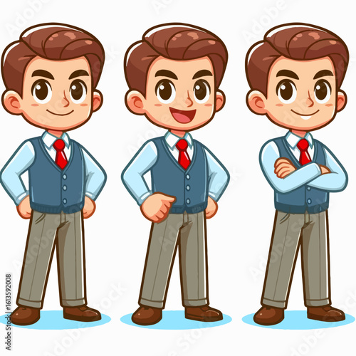 Three cartoon representations of young boys in formal business attire, displaying different stances and expressions.