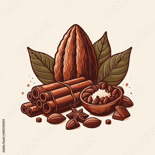 Graphic design showcasing a cacao pod, cinnamon sticks, spices, and chocolate pieces, arranged in a decorative way.