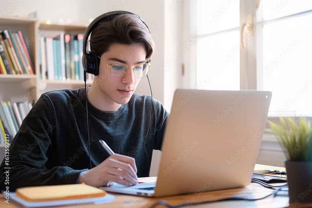Focused Young Man Studying Online with Laptop and Headphones at Home Focused Young Man Studying Online with Laptop and Headphones at Home