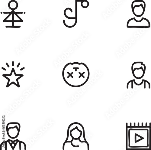 Miscellaneous vector icon set outline style,editable stroke people,calendar,star,dead,music symbol,meditating,woman,man
