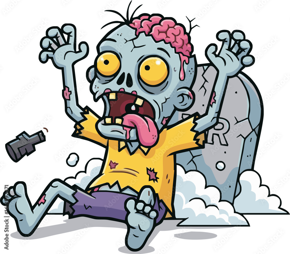 Obraz premium A cartoon zombie with an exposed brain and tattered clothes falls backward in shock by a tombstone.