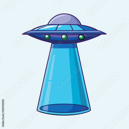 Blue flying saucer with green lights and beam alien craft