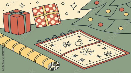 Festive christmas scene with gifts wrapping paper and a christmas tree with ornaments displayed nicely