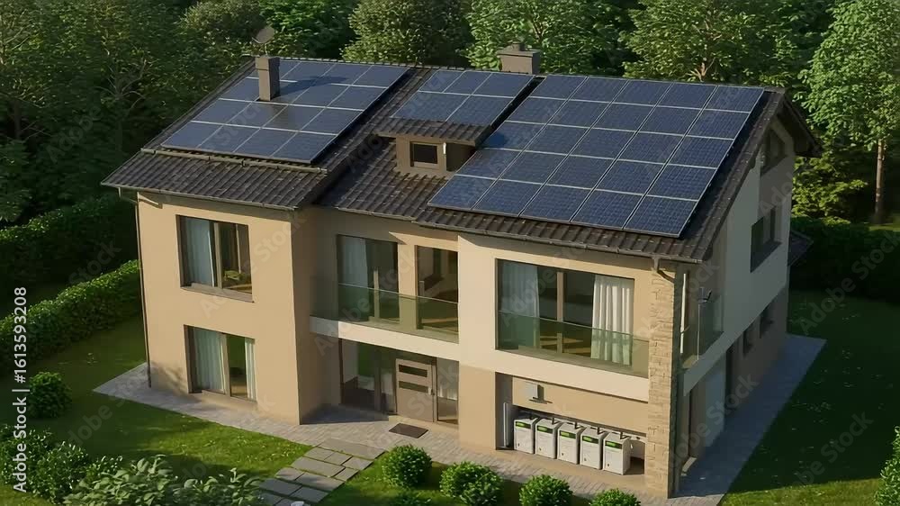 Modern House with Solar Panels on Roof in Green Neighborhood Aerial View Modern House with Solar Panels on Roof in Green Neighborhood Aerial View