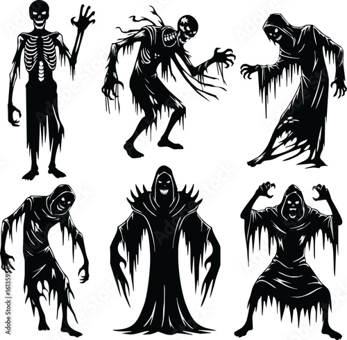 A collection of six black silhouette illustrations depicting various menacing figures, including skeletons and hooded beings.