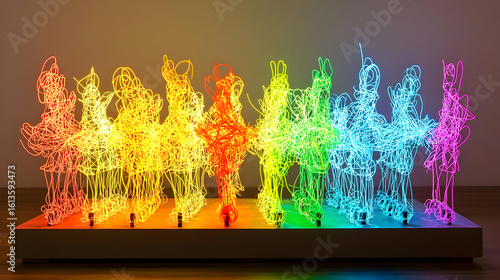 Rainbow colored, abstract light installation.  Intricate, flowing lines of neon light in a spectrum of colors.  Organized in rows, on a light-colored base