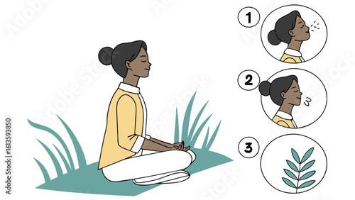 Woman meditating in lotus position with breathing exercise steps shown in separate circular diagrams