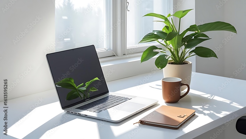 Fototapeta premium Bright and clean home office setup. A laptop and coffee mug on a white desk bask in morning sunlight from a window.