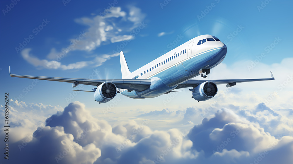 Obraz premium A modern passenger airplane gracefully flying through fluffy clouds in a clear blue sky, perfect for illustrating air travel, tourism, or global business