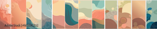 abstract background designs. Each design features a modern and minimalist aesthetic with overlapping, organic, and fluid shapes in a muted, earthy color palette.