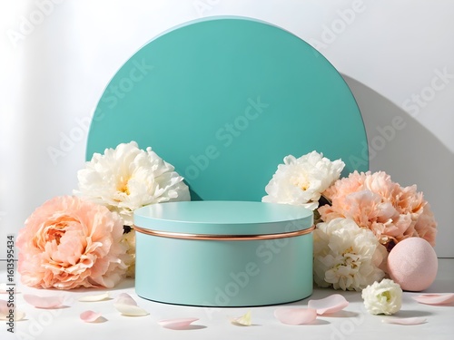 Elegant teal pedestal display with soft peony flowers and petals