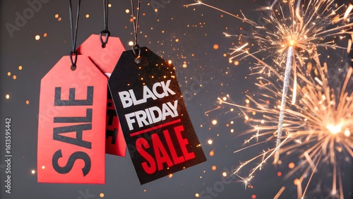 Black friday sale tags with fireworks celebration