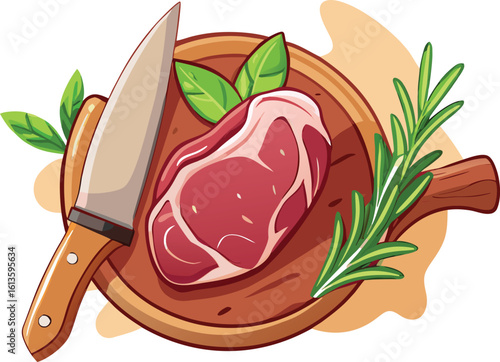 Raw steak with knife and herbs on wooden board meat pink