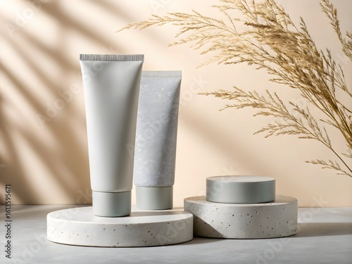 Minimalist skincare products displayed on pedestals with soft lighting and dried grass