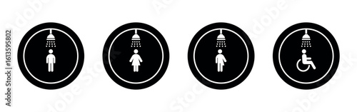 Vector Set of Shower Room for All Gender on White Background. Man, Woman, Transgender, Handicapped Person or Disabled Person Silhouettes Collection. 