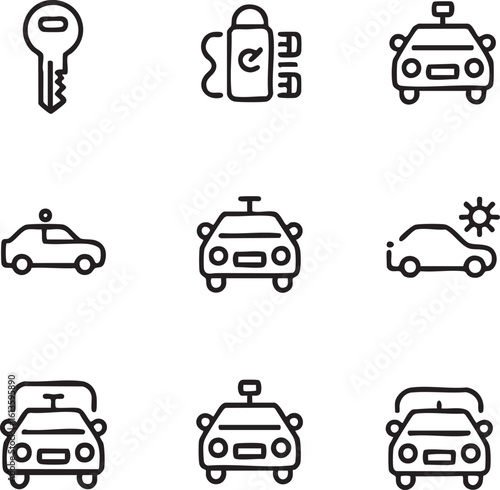 Ride sharing and car services vector icon set hand drawn style taxi,car wash,car key,autonomous vehicle,route,sun,vehicle details,location