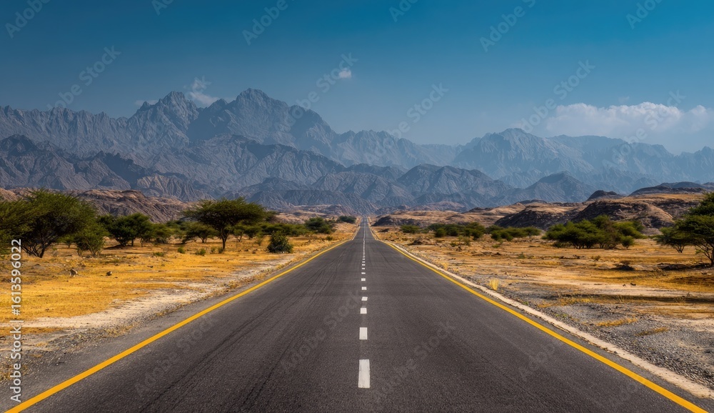 Fototapeta premium Empty highway stretches into a mountain range under a clear sky