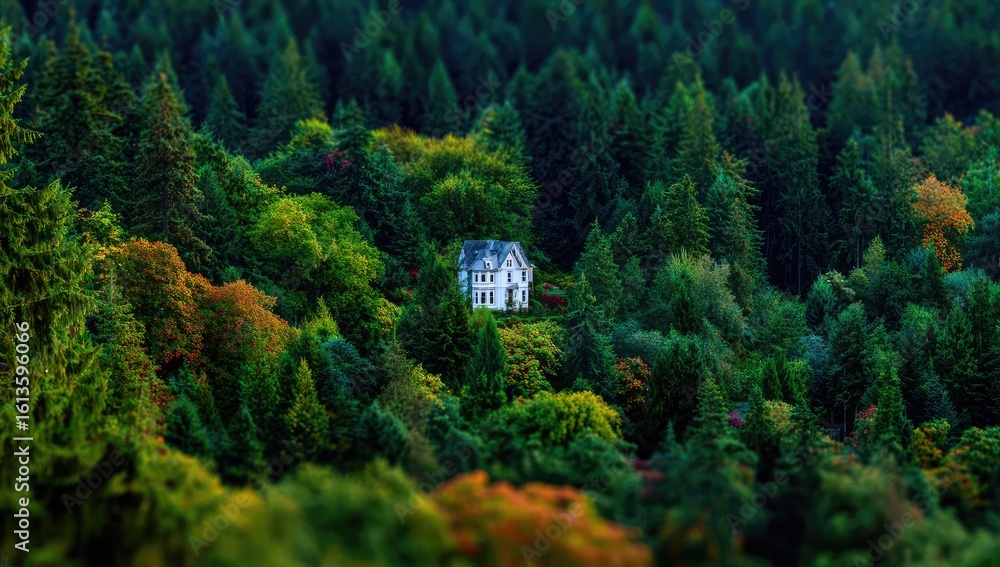 Obraz premium Single white house nestled in a vibrant forest
