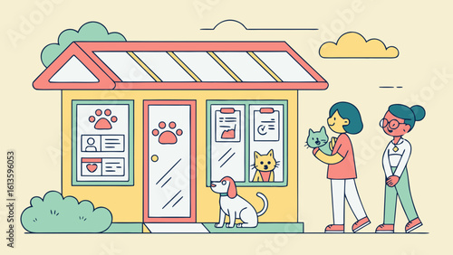 Vector illustration of people adopting animals from a pet shelter with love and care.

