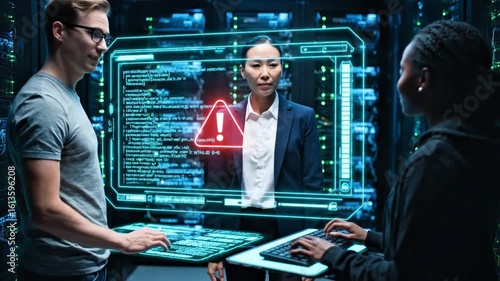 Diverse team collaborates on futuristic holographic interface displaying code and critical alert symbol, technology, data center, teamwork, collaboration, futuristic, holographic, interface, digital, 