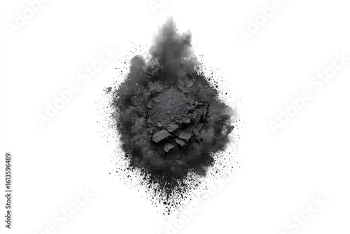 Dark powder explosion on white background