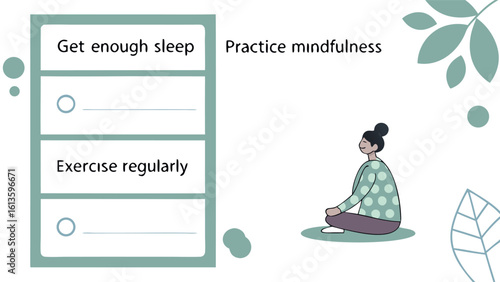 Checklist with get enough sleep and exercise regularly along with a woman practicing mindfulness pose