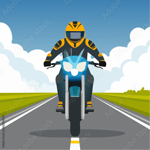 Motorcycle on road with headlight racing at full speed. Biker rider in leather on black racing sports motorbike. Racing sports bike is racing at full speed.