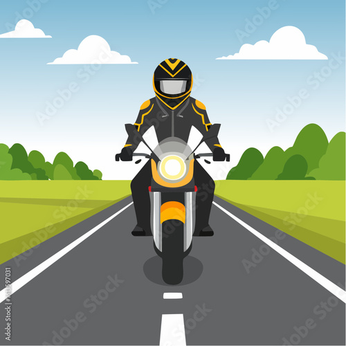 Motorcycle on road with headlight racing at full speed. Biker rider in leather on black racing sports motorbike. Racing sports bike is racing at full speed.