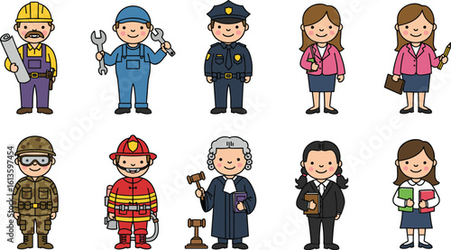 Cartoon professions, people at work illustration, doctor teacher firefighter judge, police builder engineer soldier, lawyer office worker, career clipart, job vector characters set