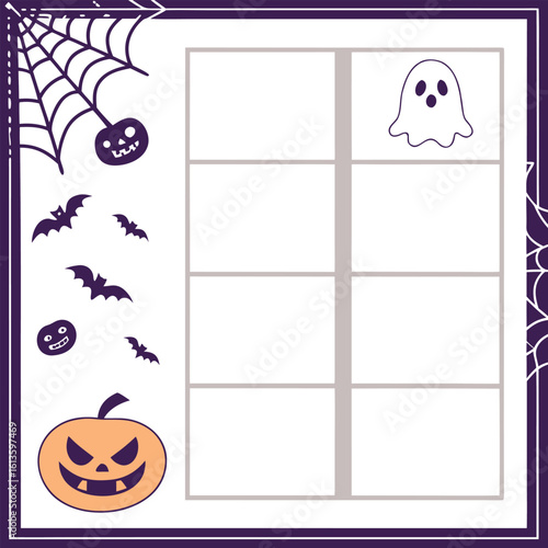 Halloween themed bingo card with a spiderweb, bats, pumpkins, and a ghost in a purple and white frame