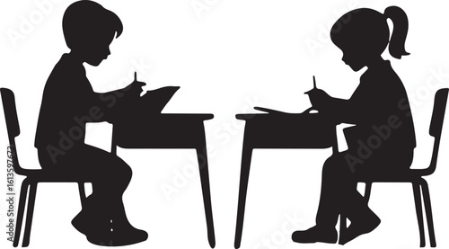 Silhouette of Students Studying at Desks on a Transparent Background Vector Illustration