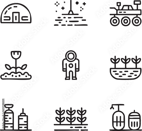 Space colonization vector icon set outline style astronaut,greenhouse,rover,hydroponics,plant cultivation,water purification,science,research,exploration,technology icon set