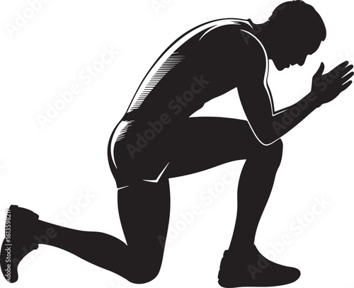 Humbled Athlete Silhouette Kneeling in Reflection Against Transparent Backdrop for Sport Projects