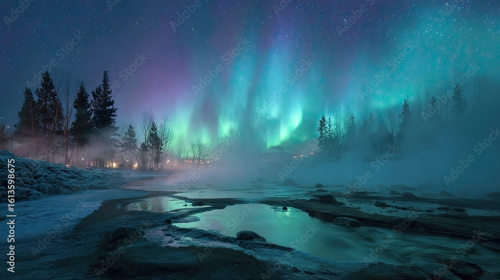 custom made wallpaper toronto digitalAurora borealis over a winter hot spring
