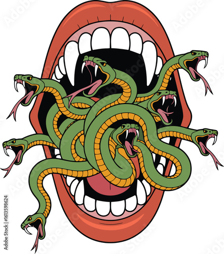 Serpent's Maw A Mouth Filled with Snakes Illustration of Horror and Danger