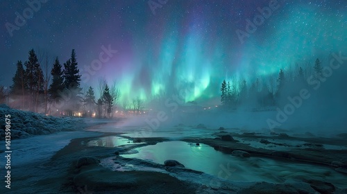Wallpaper Mural Aurora borealis over a winter hot spring Torontodigital.ca