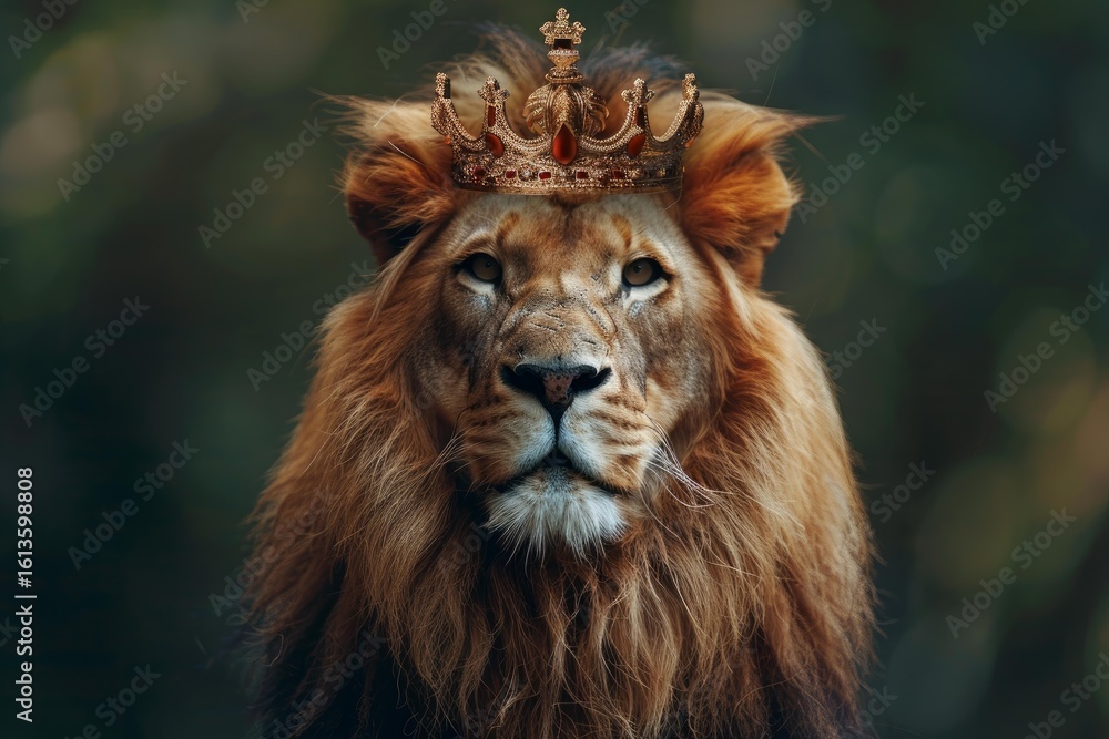 Portrait of a majestic lion wearing a golden crown, symbolizing royalty, power, and leadership in the animal kingdom Portrait of a majestic lion wearing a golden crown, symbolizing royalty, power, and leadership in the animal kingdom