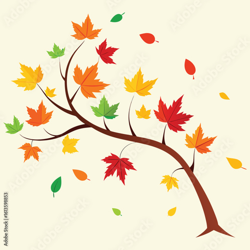 A stylized illustration of a tree branch adorned with colorful falling maple leaves in various shades of red orange yellow and green against a soft cream background