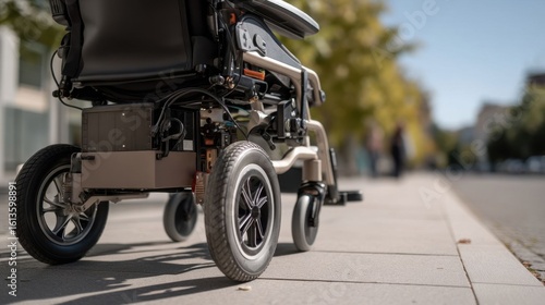 Electric wheelchair on urban sidewalk.