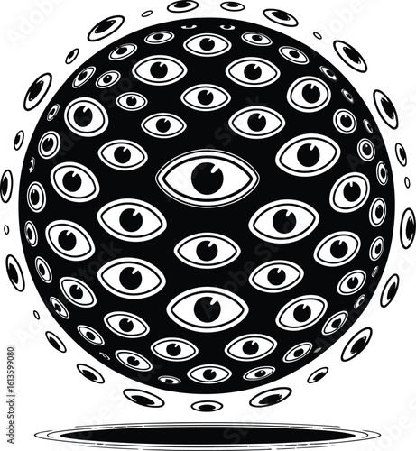 Sphere Covered in Eyes on Transparent Background for Surveillance or Awareness