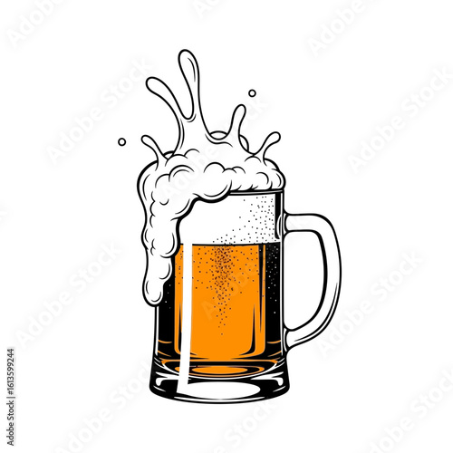 A frothy beer mug isolated on white background with splashing foam