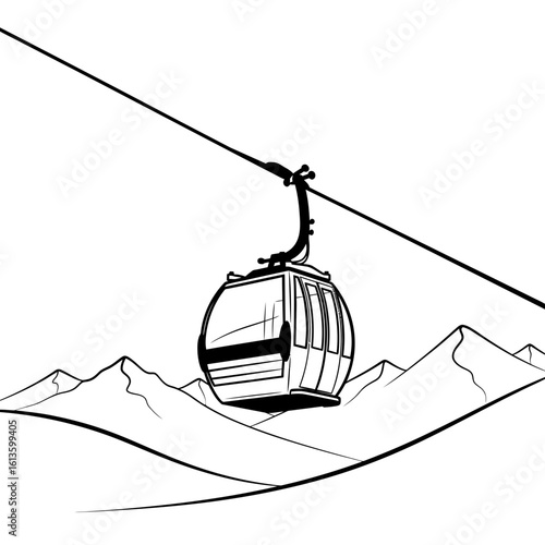 A cable car ascends through the mountains, an isolated illustration