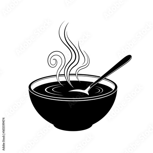 A black and white bowl of soup isolated on white background