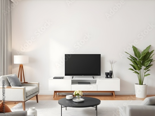 Modern Living Room Interior Mockup with TV Cabinet, Lamp, Table, Flowers, and Indoor Plants (AI Generated)