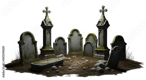 Spooky cemetery scene with gravestones and coffin isolated on transparent background