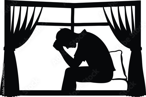 Silhouette of a person sitting with head in hands vector