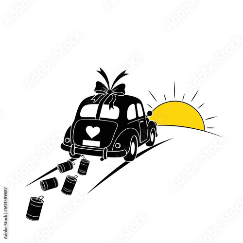 A newlywed car drives off into the sunset isolated on white background