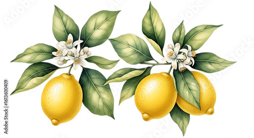 Fototapeta Naklejka Na Ścianę i Meble -  Lemon branches with fruit and flowers isolated on transparent background