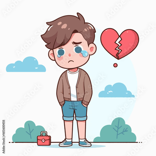 Cartoon drawing of a young person, appearing sad and distressed, accompanied by a broken heart, conveys a feeling of heartbreak and loss.